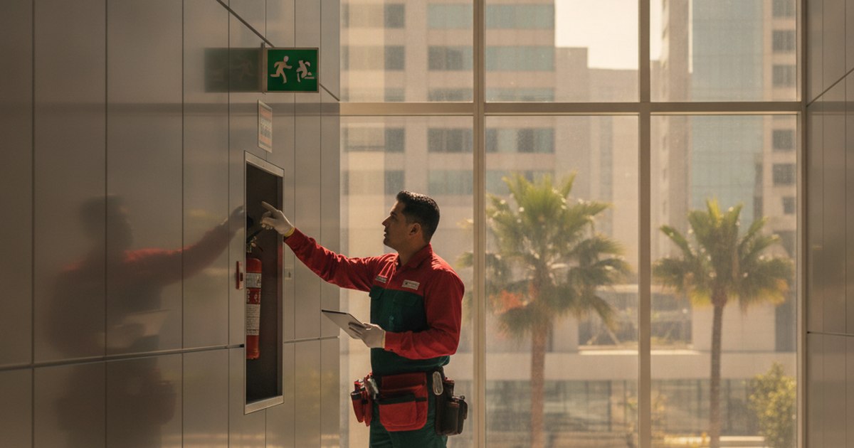 Técnico revisando protección civil en un negocio de Monterrey